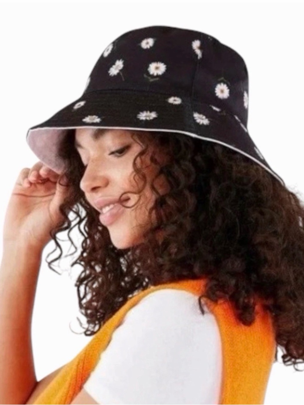 Alice + Olivia Reversible Bucket Hat Daisy Floral Black White NWOT Boho